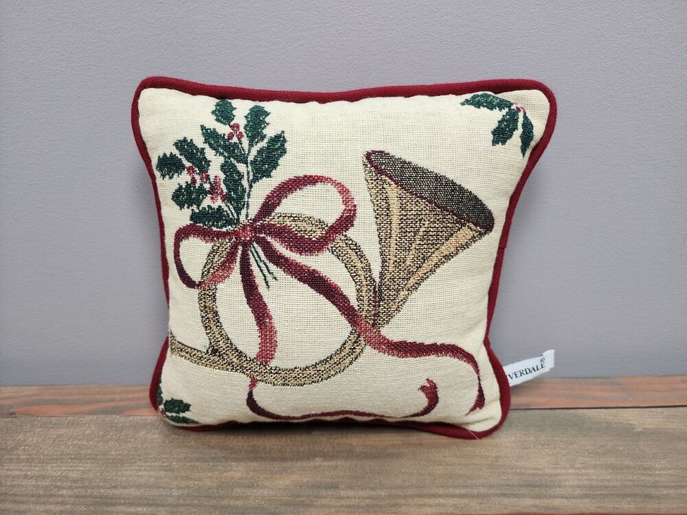 Riverdale Christmas French Horn Ribbon Holly and Berries Tapestry Pillow 8"
